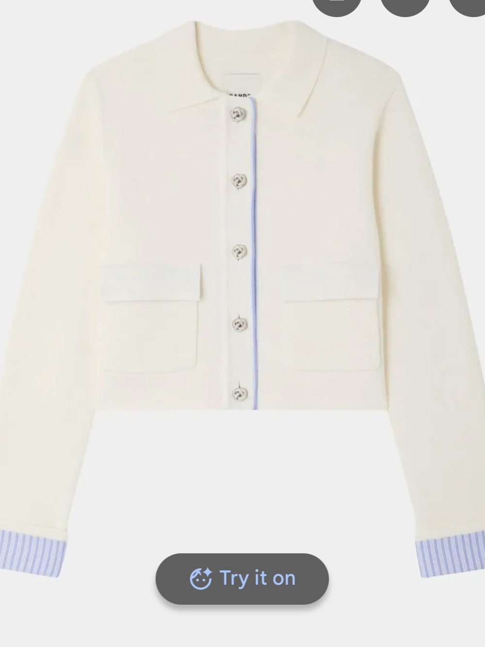 Sandro Cream Blue Wool Cardigan Button Sweater With Polo Collar & Striped Cuff